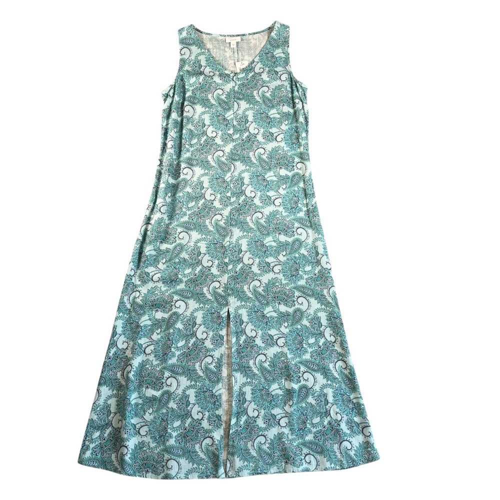 J.Jill NWT Paisley V-Neck‎ Sleeveless Midi Dress Blue Linen Blend Womens Size XS